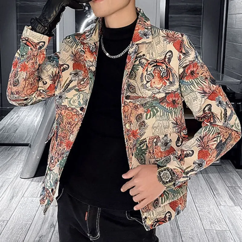 Men's Lapel Single-Breasted Slim Tiger Printed Casual Blazer Jacket