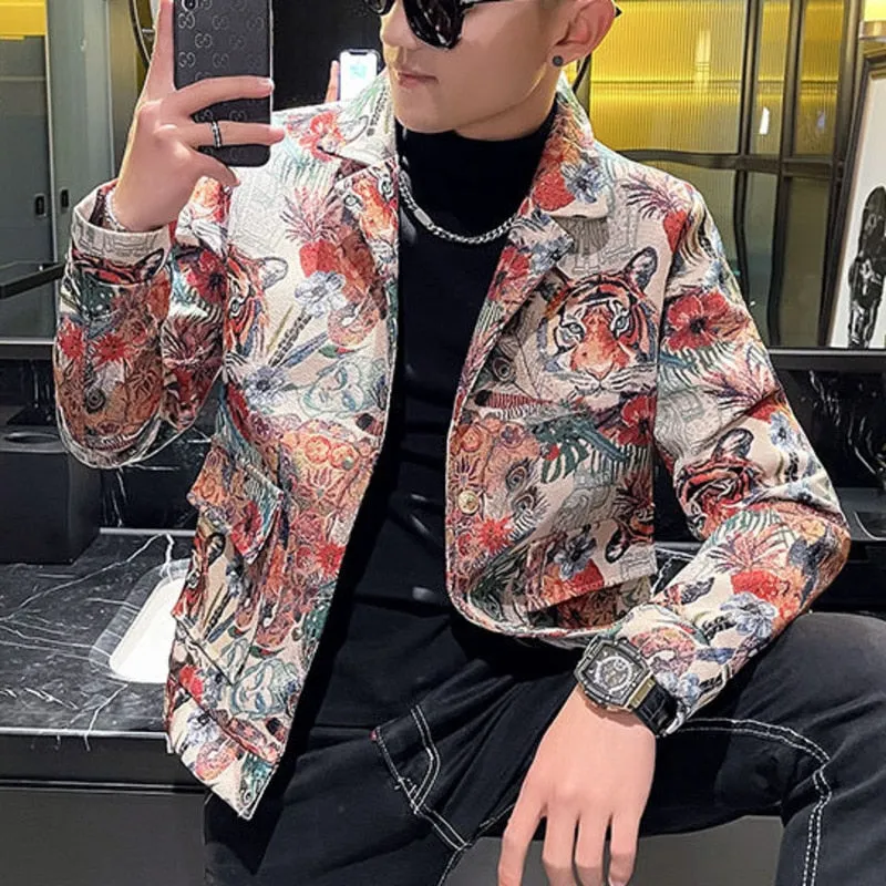 Men's Lapel Single-Breasted Slim Tiger Printed Casual Blazer Jacket