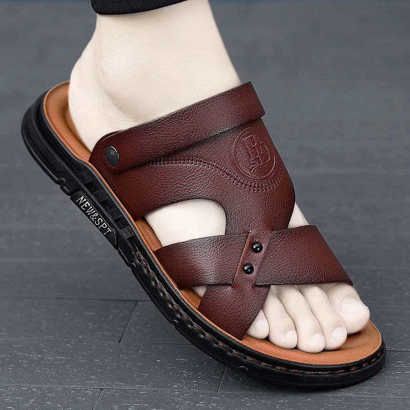 Men's sandals fashion leather casual shoes a word slippers