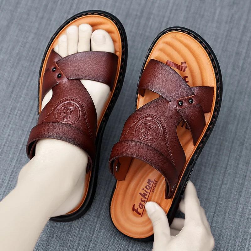 Men's sandals fashion leather casual shoes a word slippers