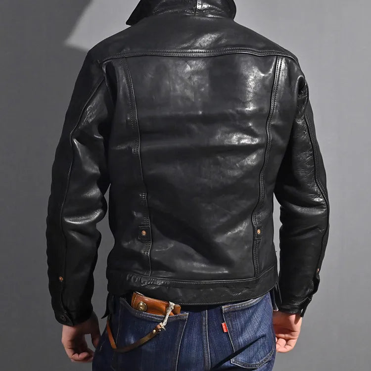 Men's Vintage Style Batik Horsehide Leather Motorcycle Street Jacket