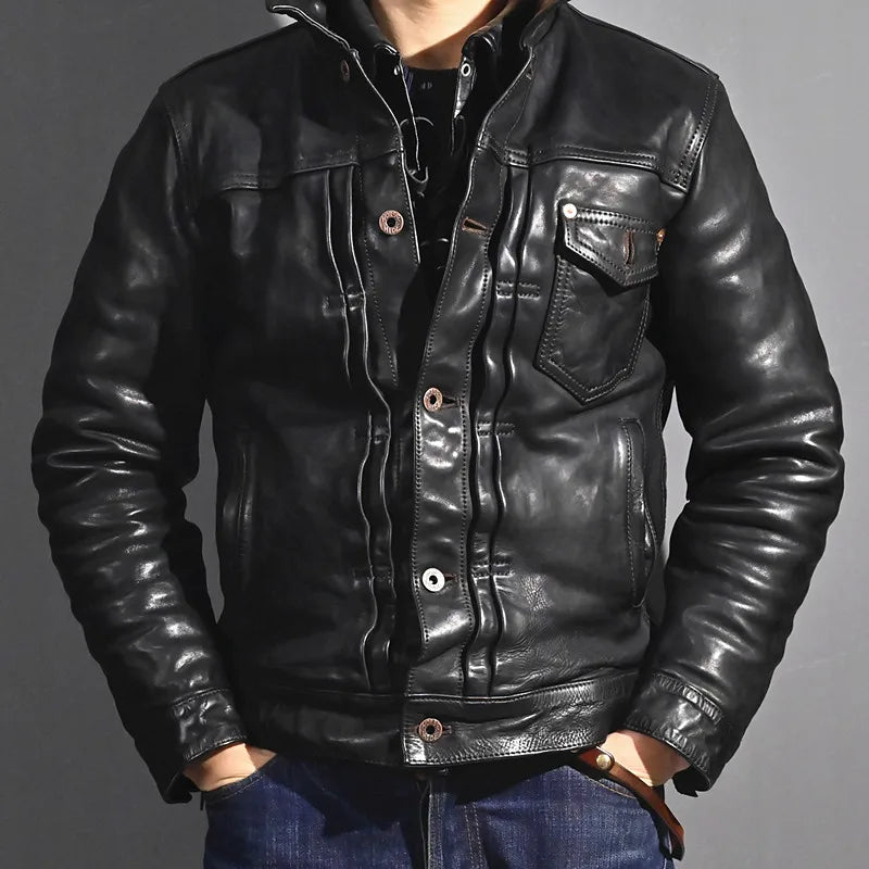 Men's Vintage Style Batik Horsehide Leather Motorcycle Street Jacket