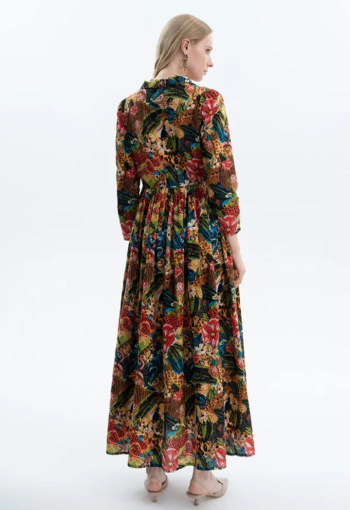 Multicolored Embellished Long Printed Dress