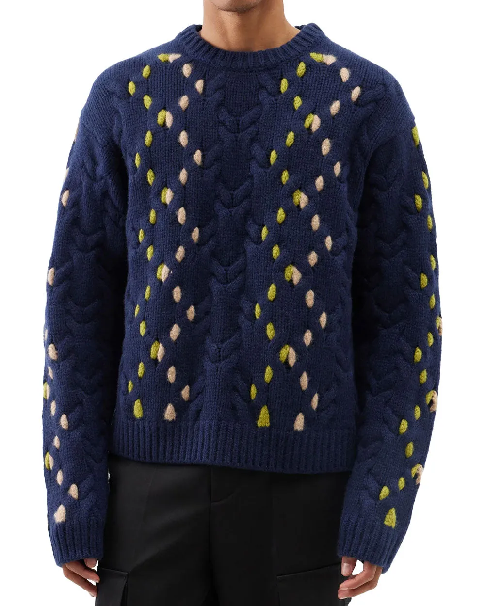 Navy and Green Cableknit Crewneck Sweater