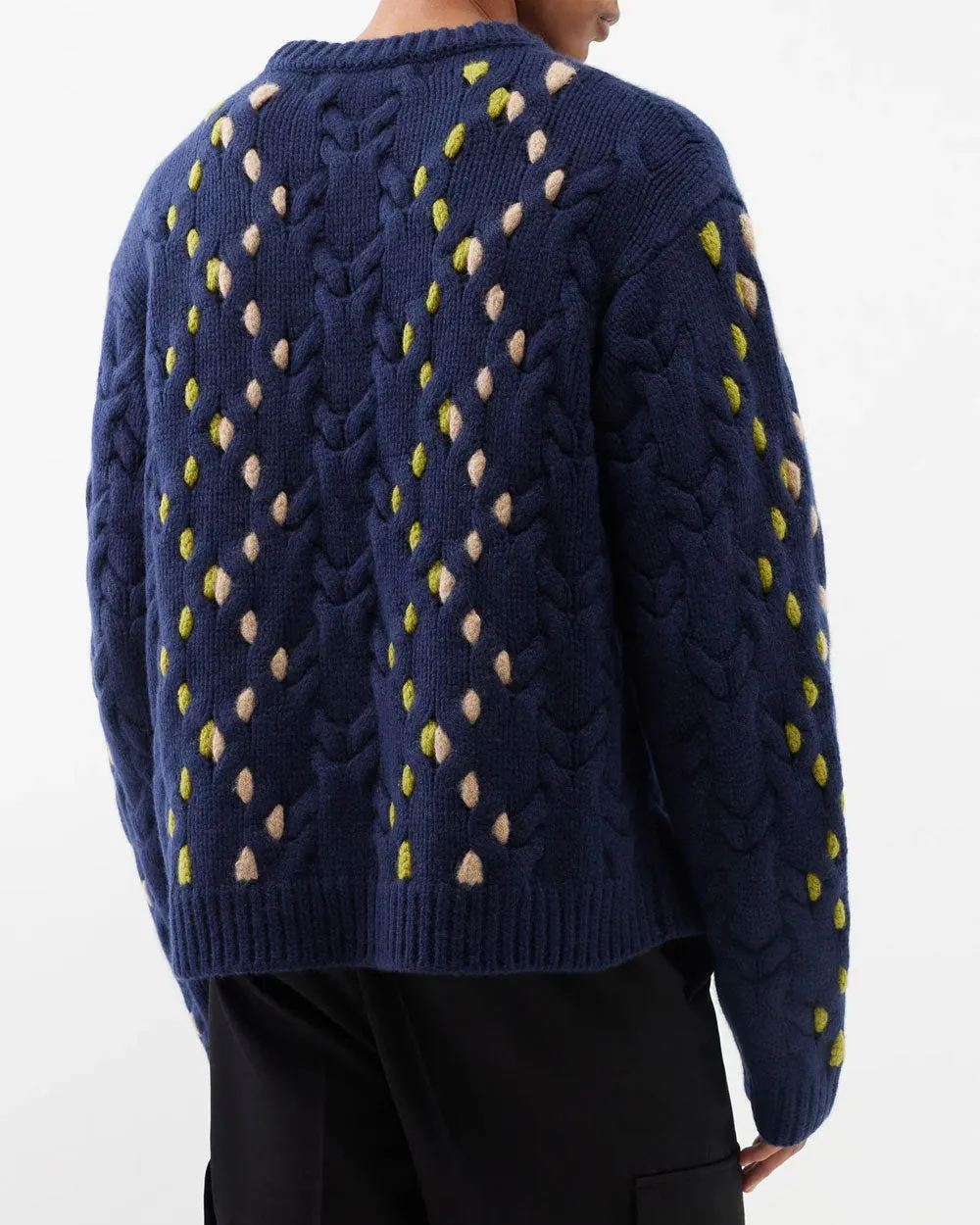 Navy and Green Cableknit Crewneck Sweater