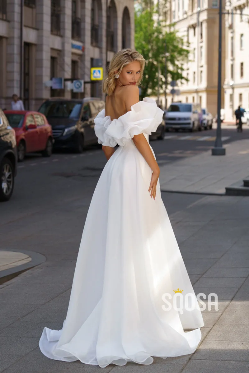 Off-Shoulder A-Line Tulle Casual Wedding Dress Bridal Gowns With Split QW8090