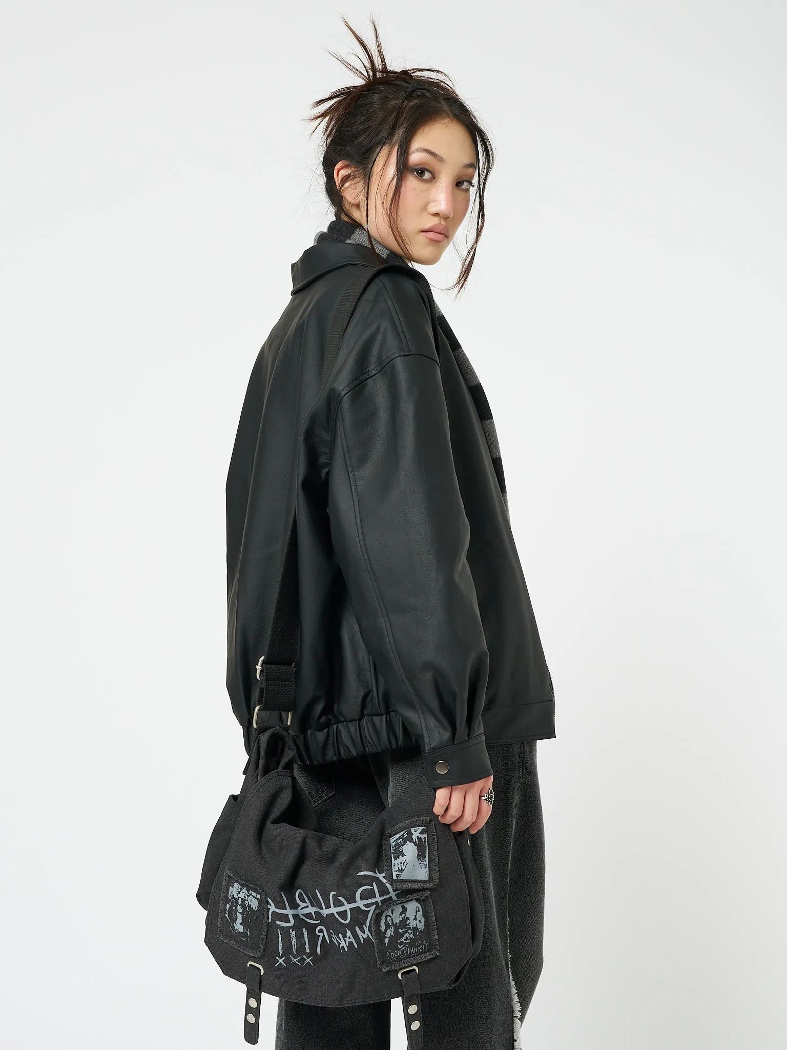 Olivia Vegan Leather Bomber Jacket in Black