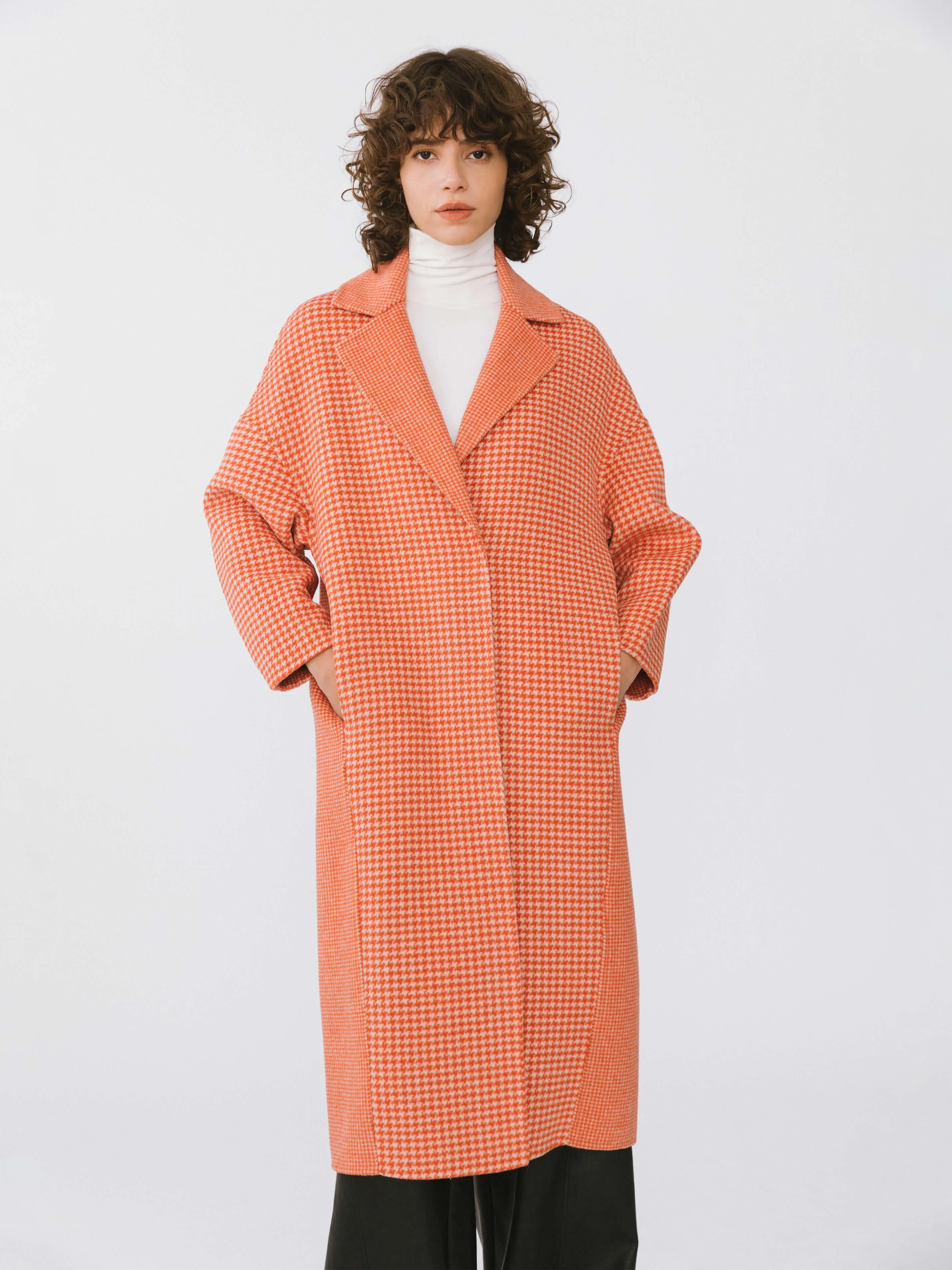 Orange Houndstooth Wool Coat