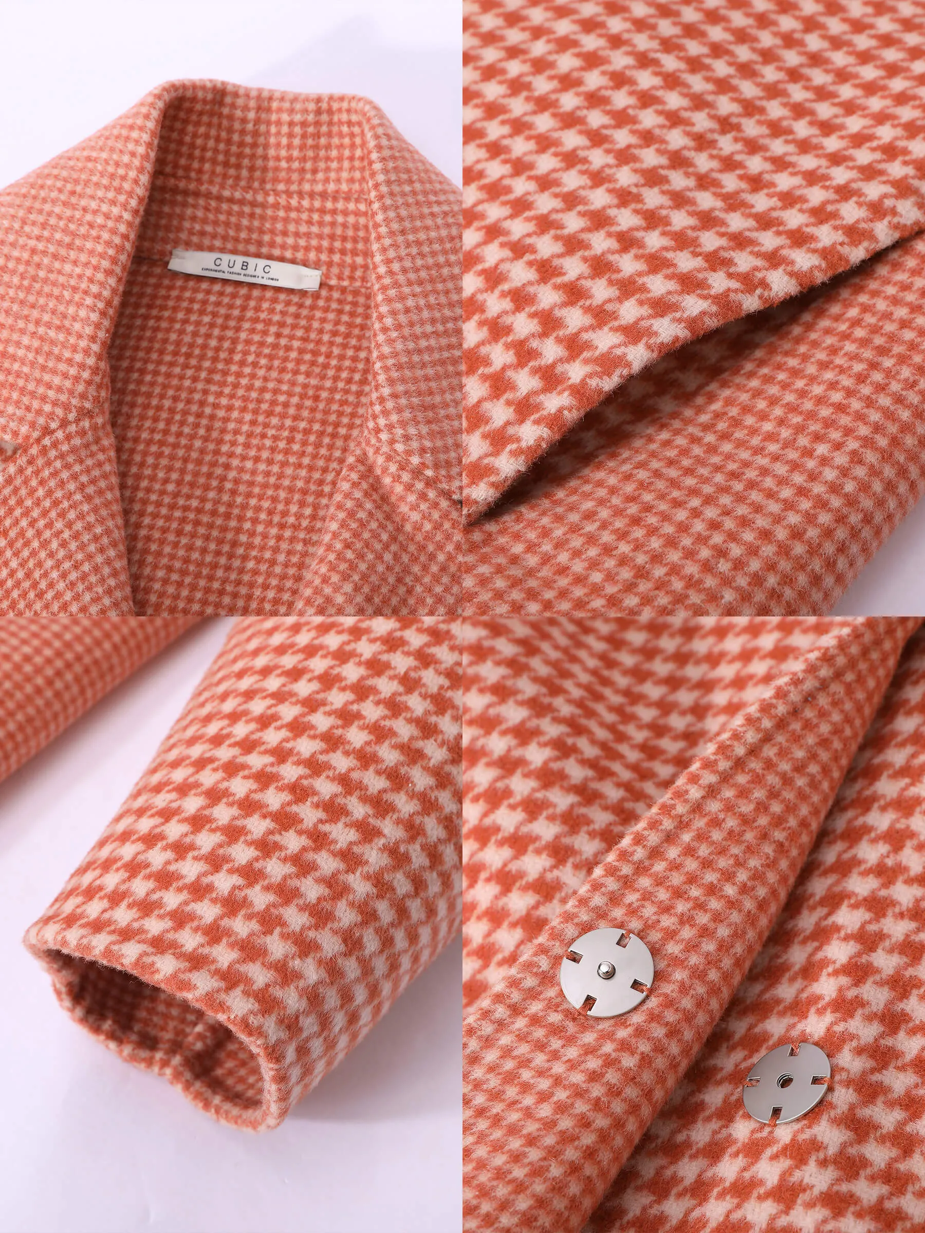 Orange Houndstooth Wool Coat