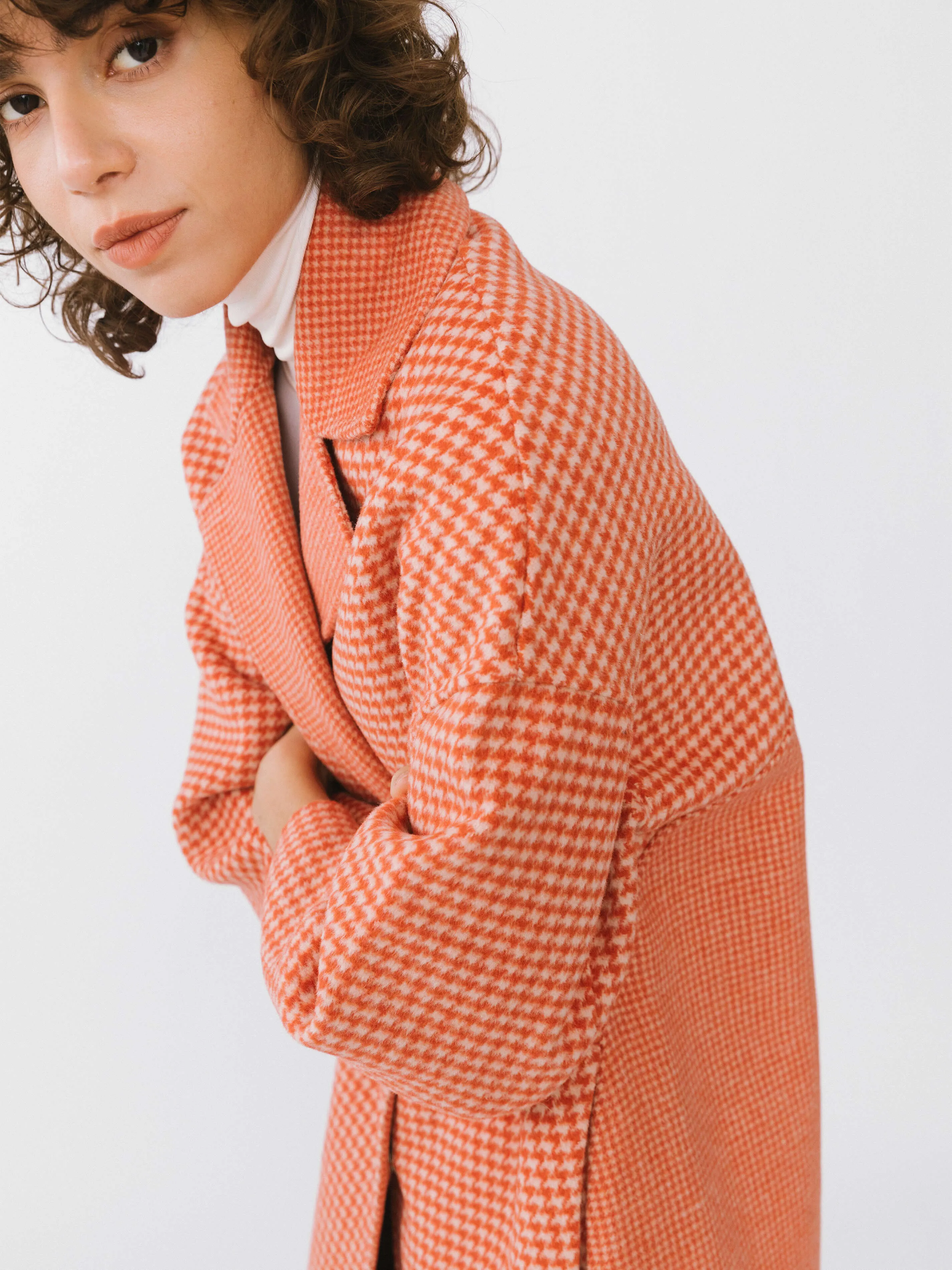 Orange Houndstooth Wool Coat