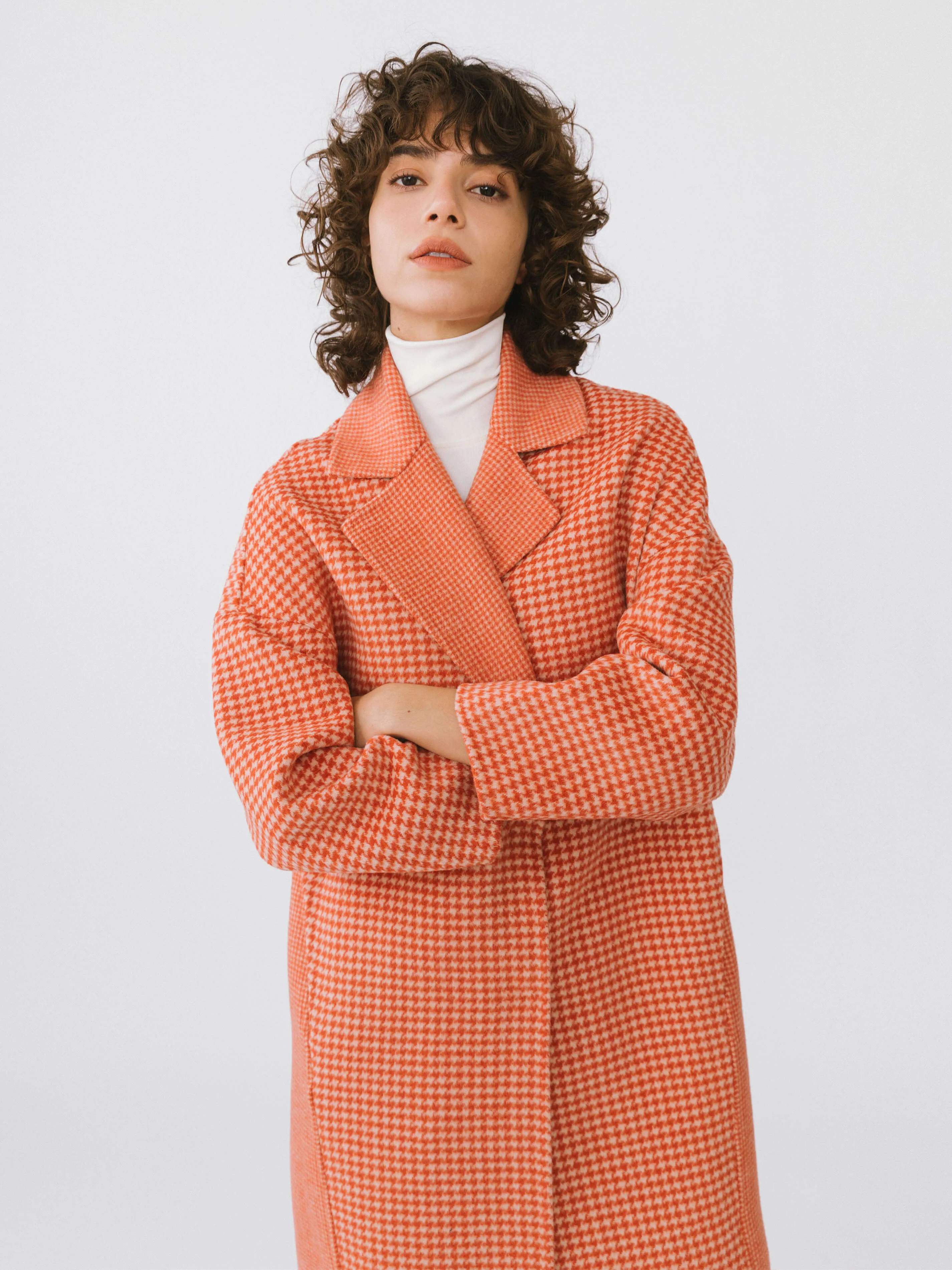 Orange Houndstooth Wool Coat