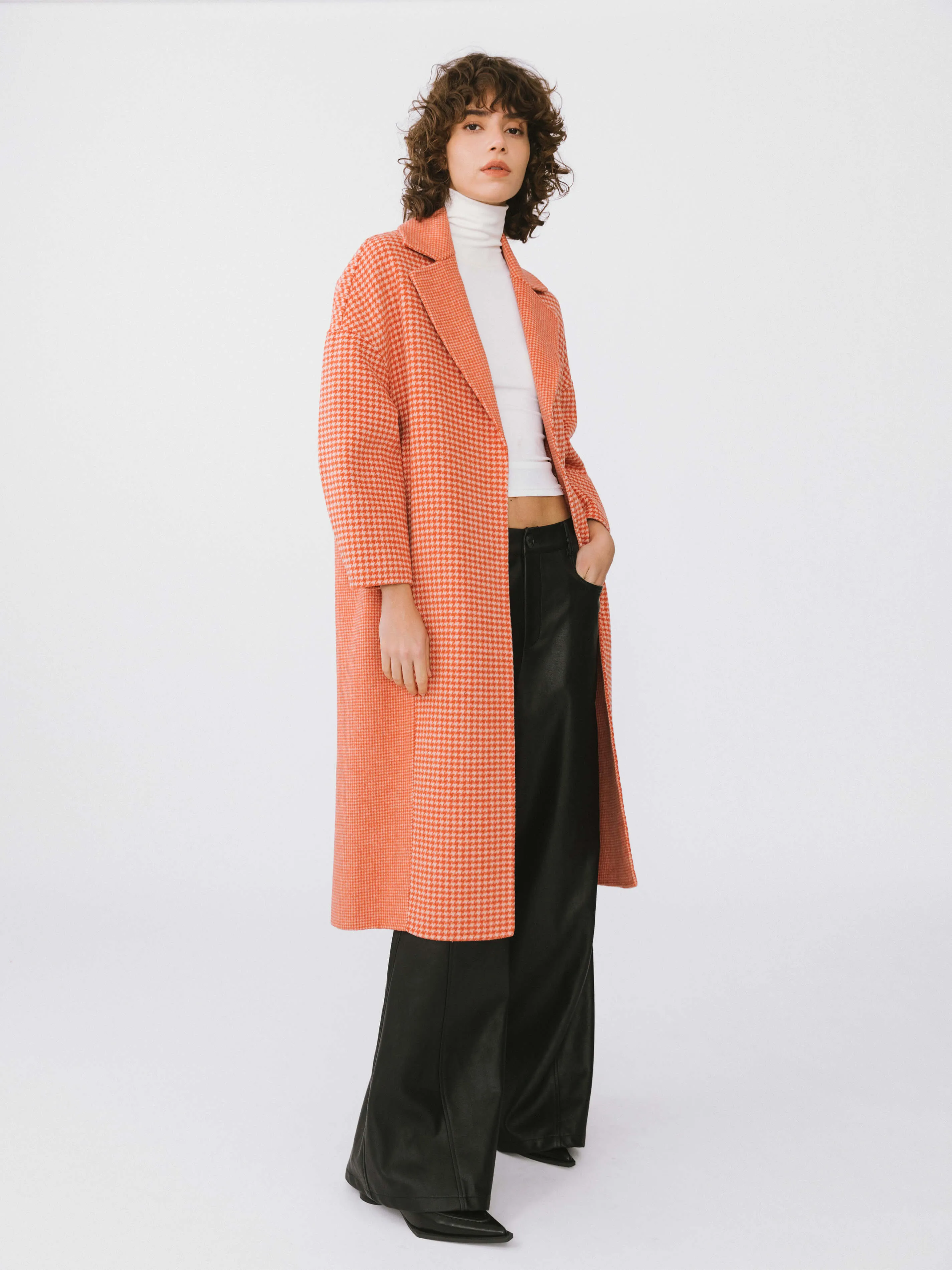 Orange Houndstooth Wool Coat