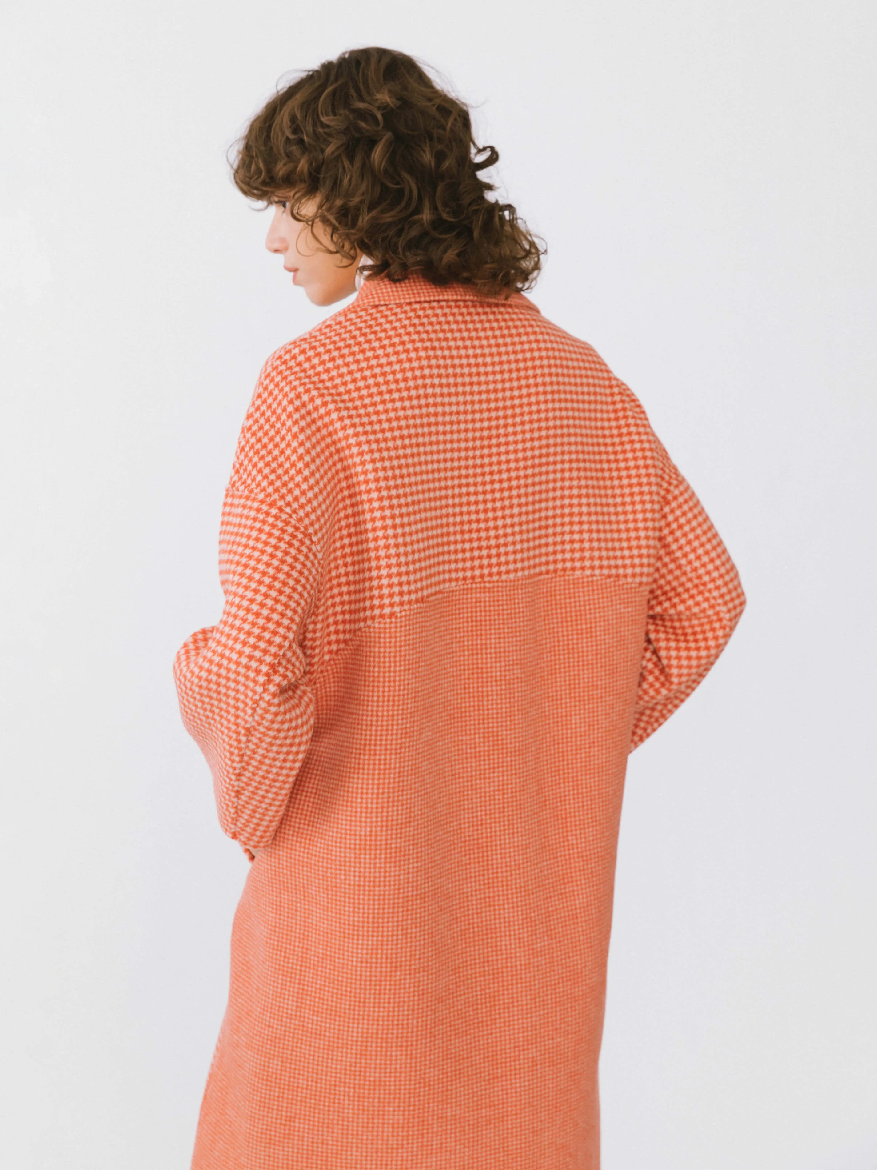 Orange Houndstooth Wool Coat