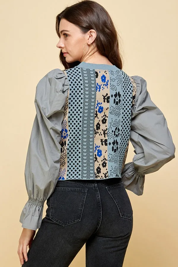 Patchwork Detailed Floral Woven Puff Sleeve Top