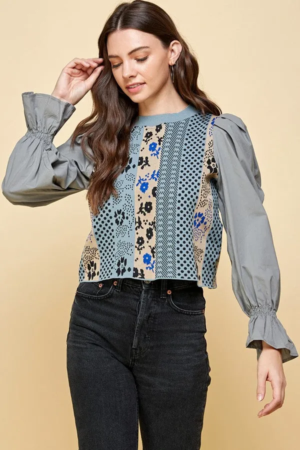 Patchwork Detailed Floral Woven Puff Sleeve Top