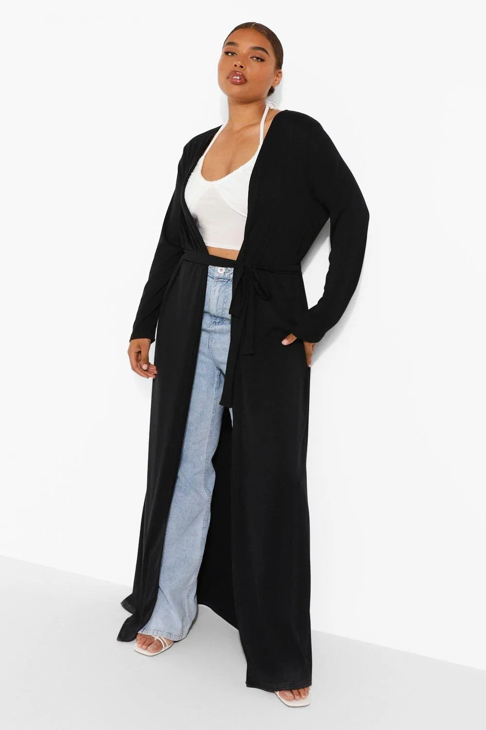 Plus Ribbed Tie Waist Maxi Duster Coat