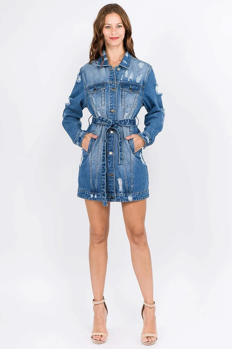 Plus-Size Carey Letter Patched Dark Blue Distressed Denim Jacket