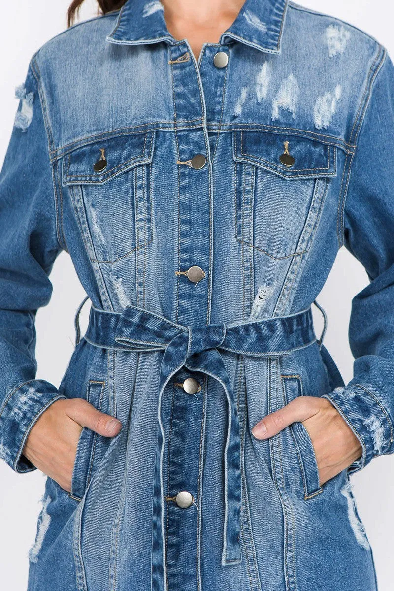 Plus-Size Carey Letter Patched Dark Blue Distressed Denim Jacket