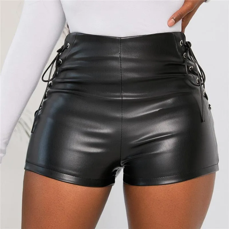 PU Fashion Casual Shorts Faux Leather Lace Up Goth