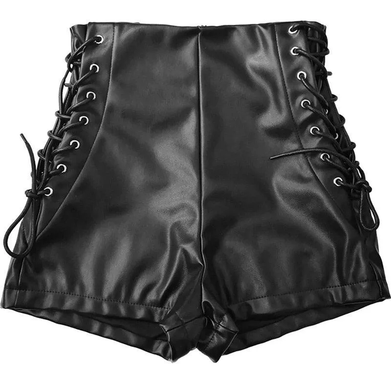 PU Fashion Casual Shorts Faux Leather Lace Up Goth