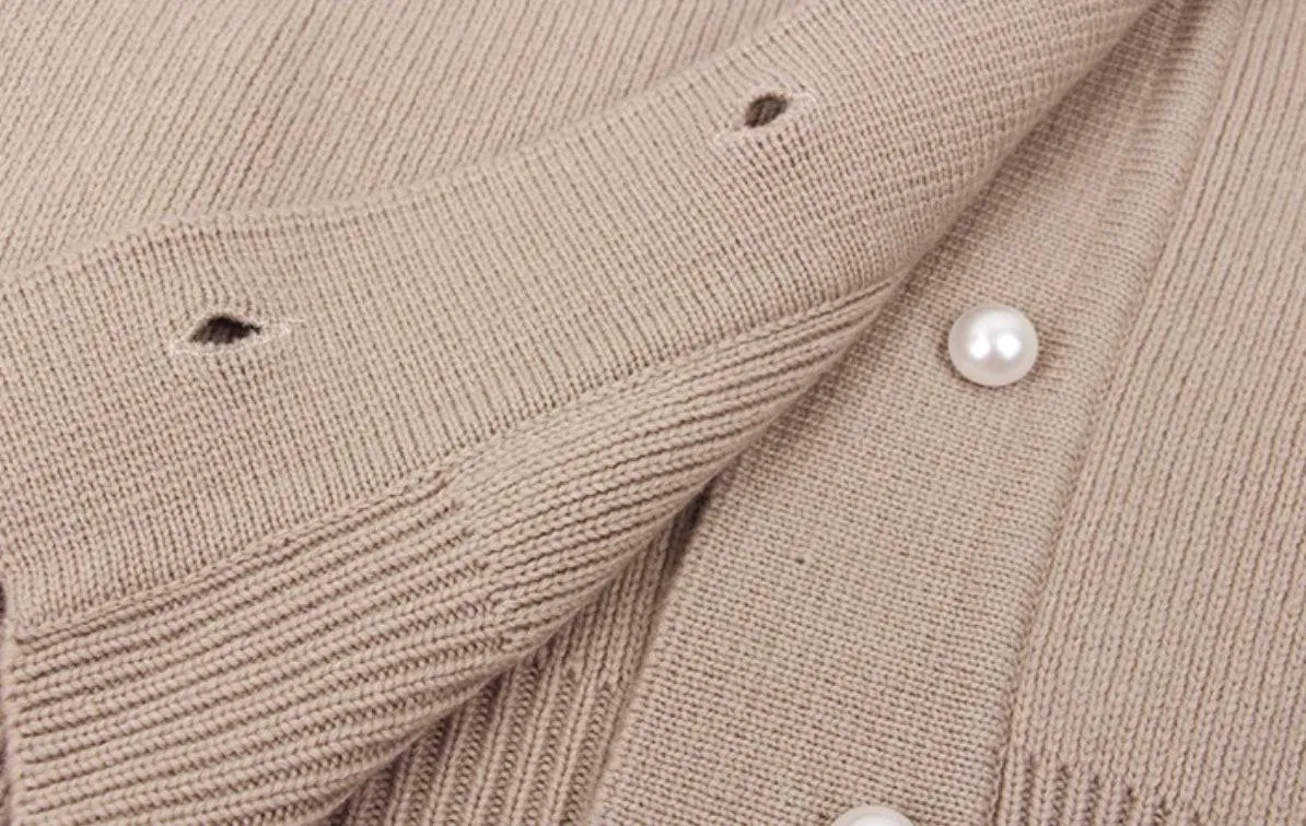 Ribbed Knit Cardigan With Pearl Buttons