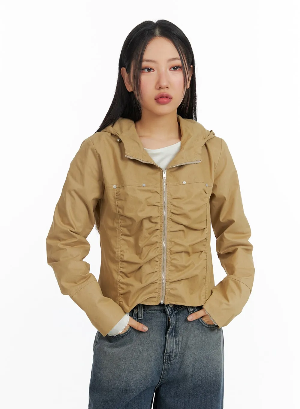 Shirring Hooded Zip-Up Bomber Jacket CF408