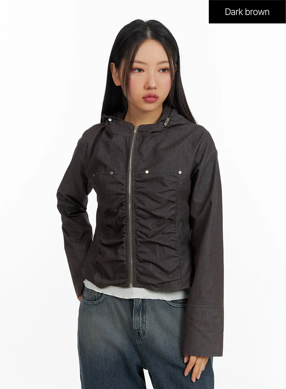 Shirring Hooded Zip-Up Bomber Jacket CF408