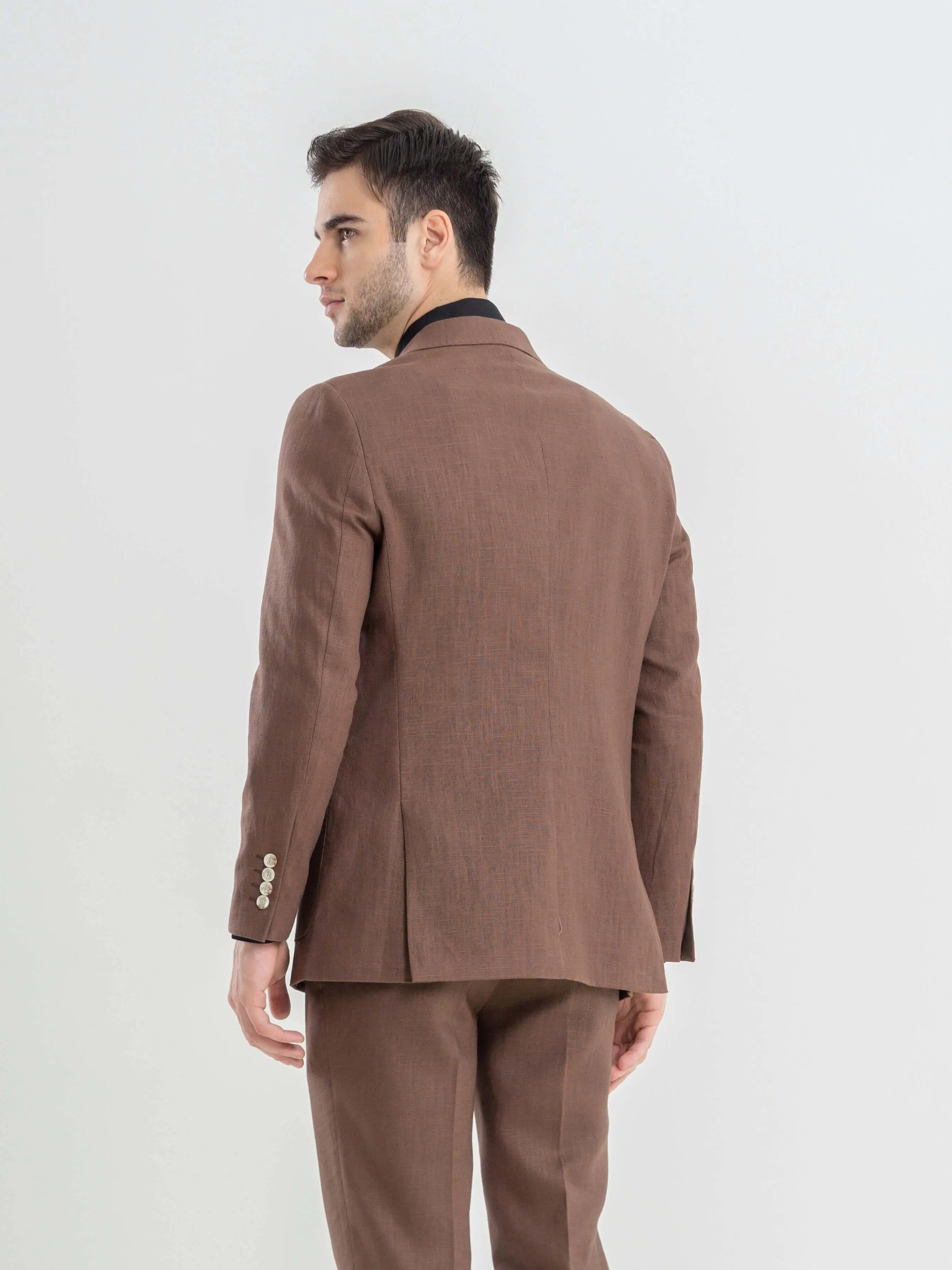 Single Breasted Suit Blazer - Linen Coffee Plain (Peak Lapel)