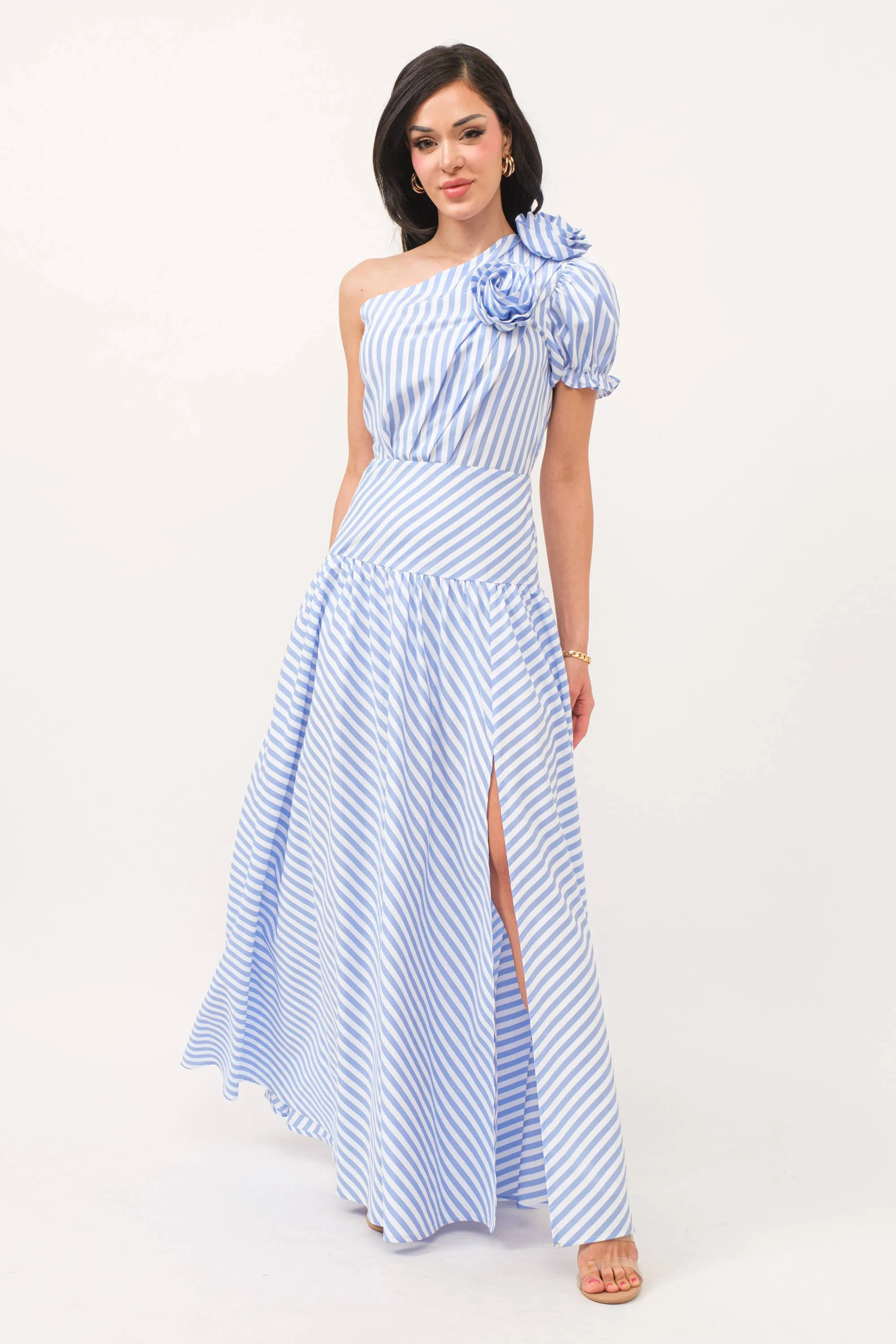 Stripe print one shoulder dress with self flower detail: M / Royal Blue