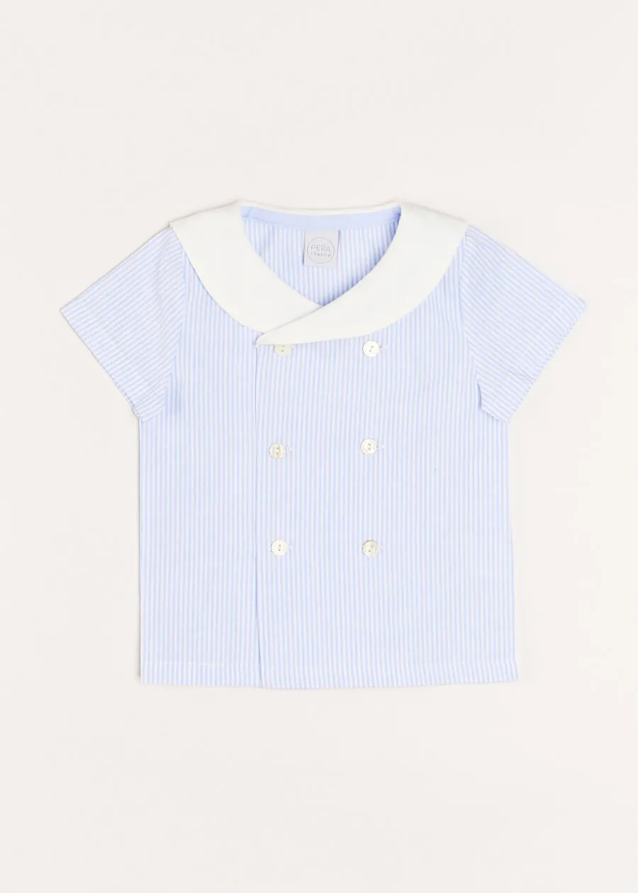 Striped Double Breasted Short Sleeve Shirt in Blue (12mths-4yrs)