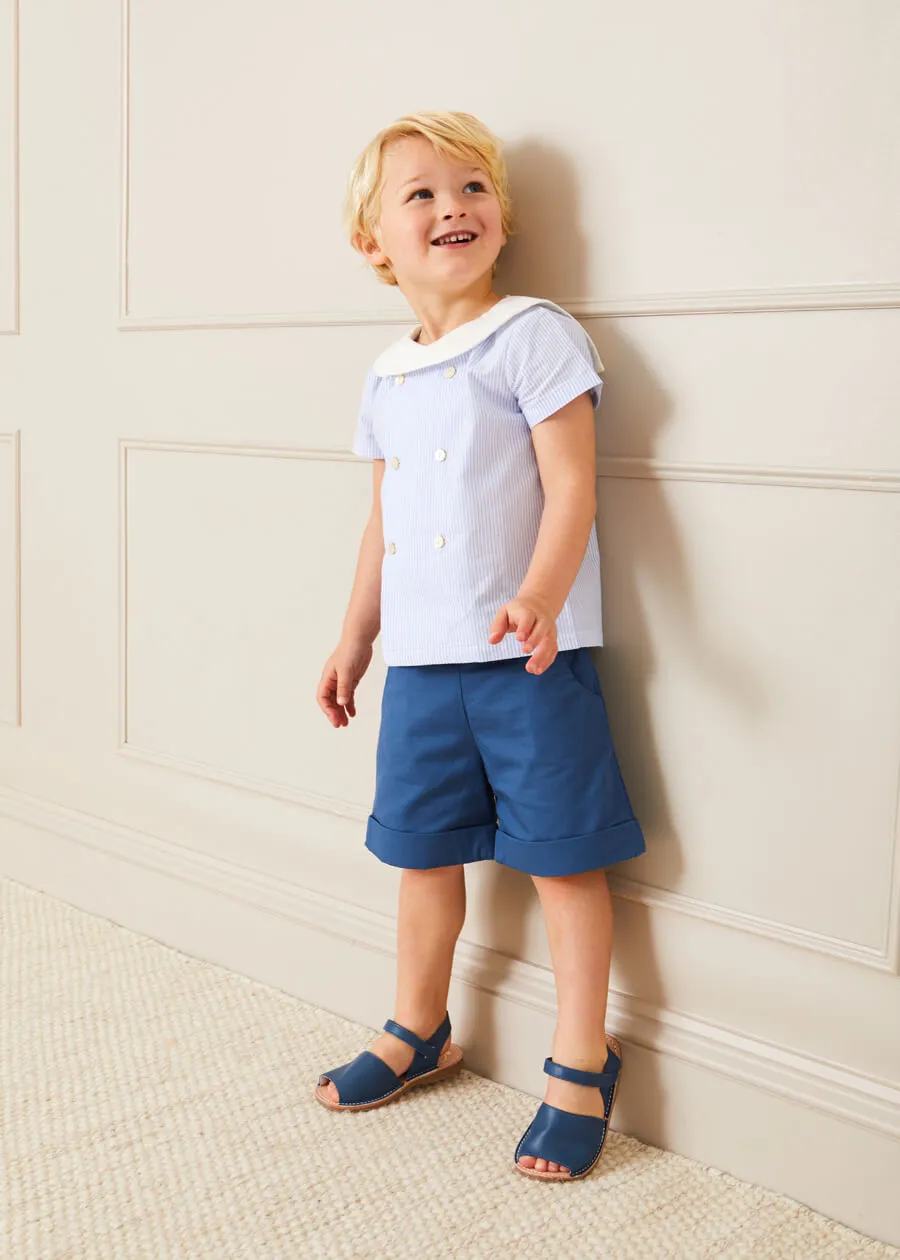 Striped Double Breasted Short Sleeve Shirt in Blue (12mths-4yrs)