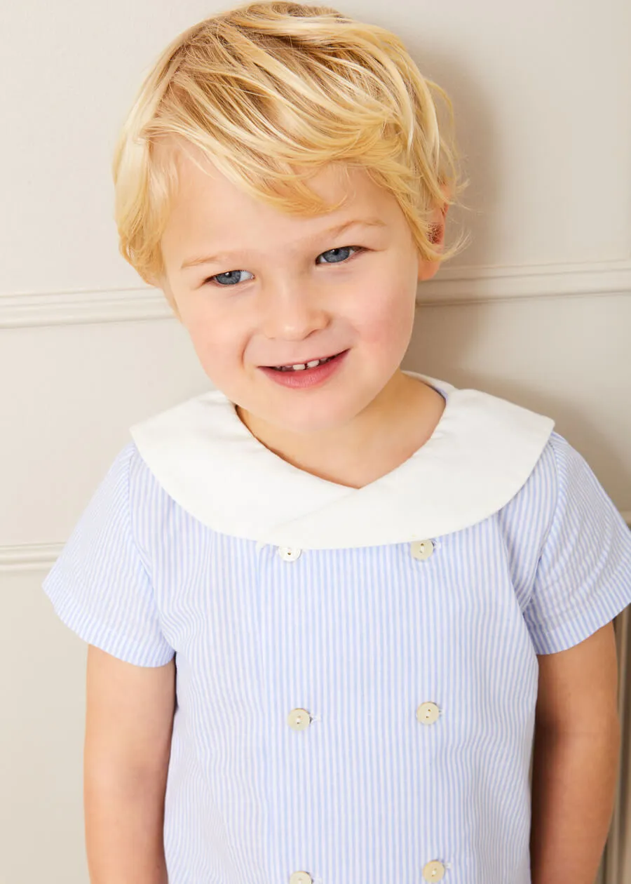 Striped Double Breasted Short Sleeve Shirt in Blue (12mths-4yrs)