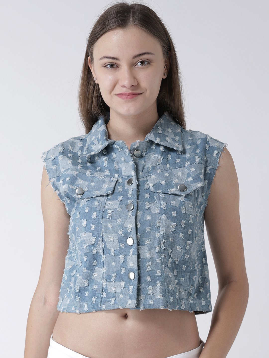 Textured Denim Jacket with Button Placket