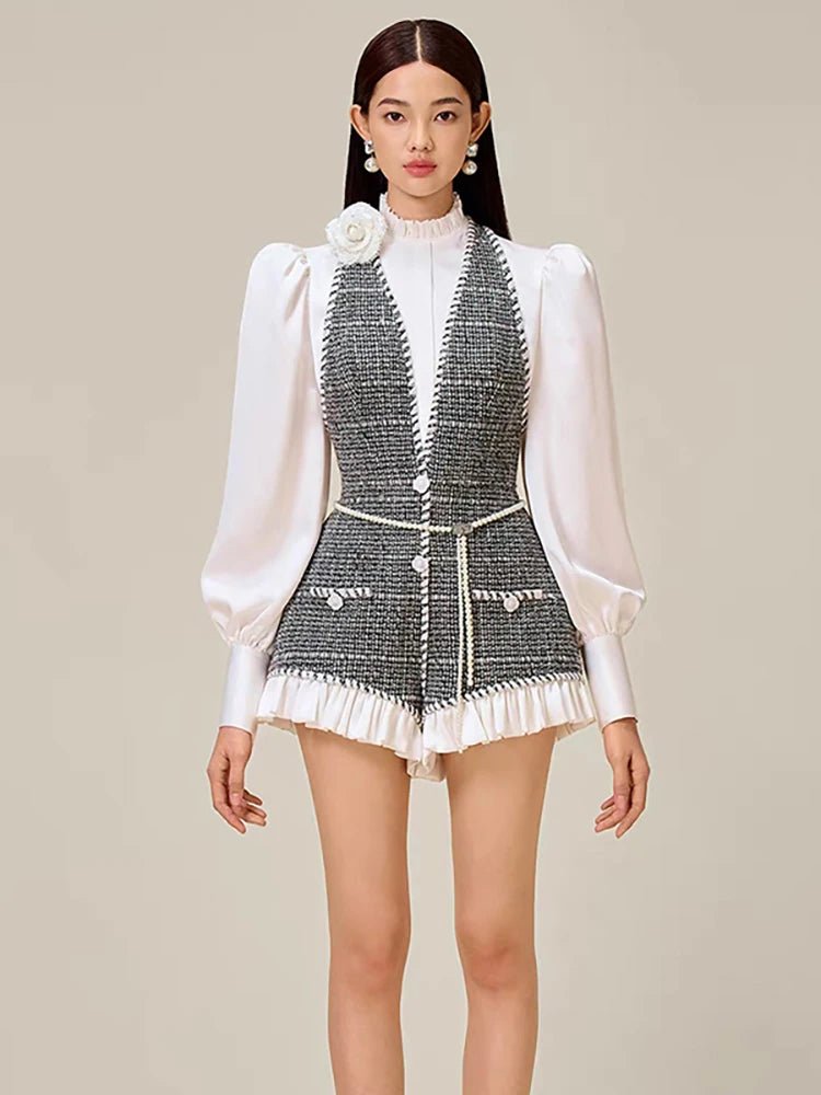 Trendy Patchwork Tweed Playsuit - Autumn Fashion