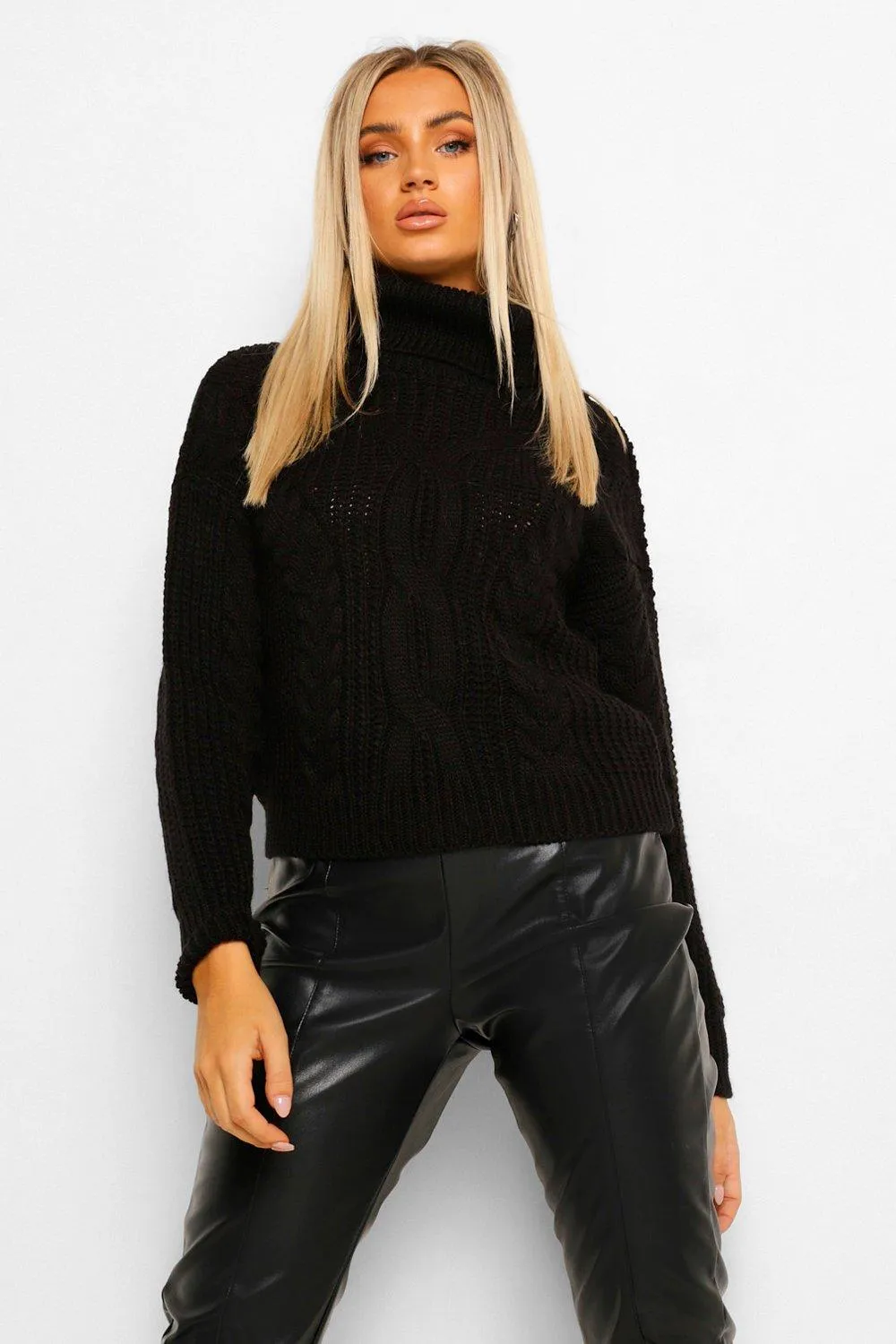 Turtleneck Cable Knit Cropped Sweater