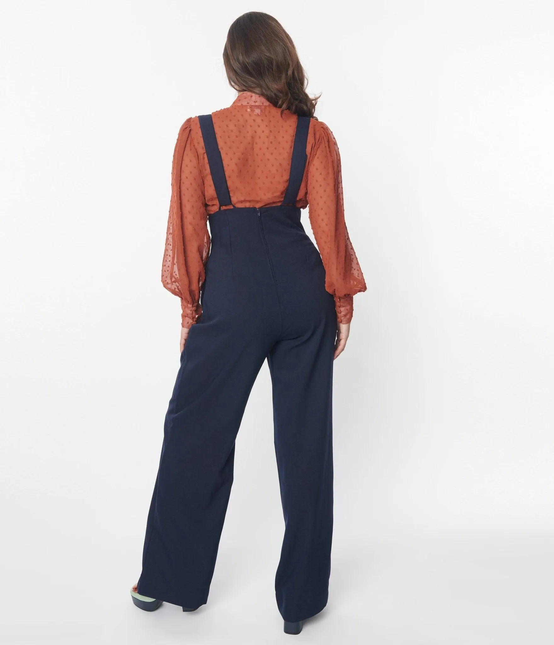 Unique Vintage Navy Wide Leg Suspender Pants