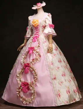 Victorian Retro Tudor Dress  Costume Women's Royal Rococo Ball Gown Pink Floral Ruffle Bows Victorian era Outfits Vintage Prince