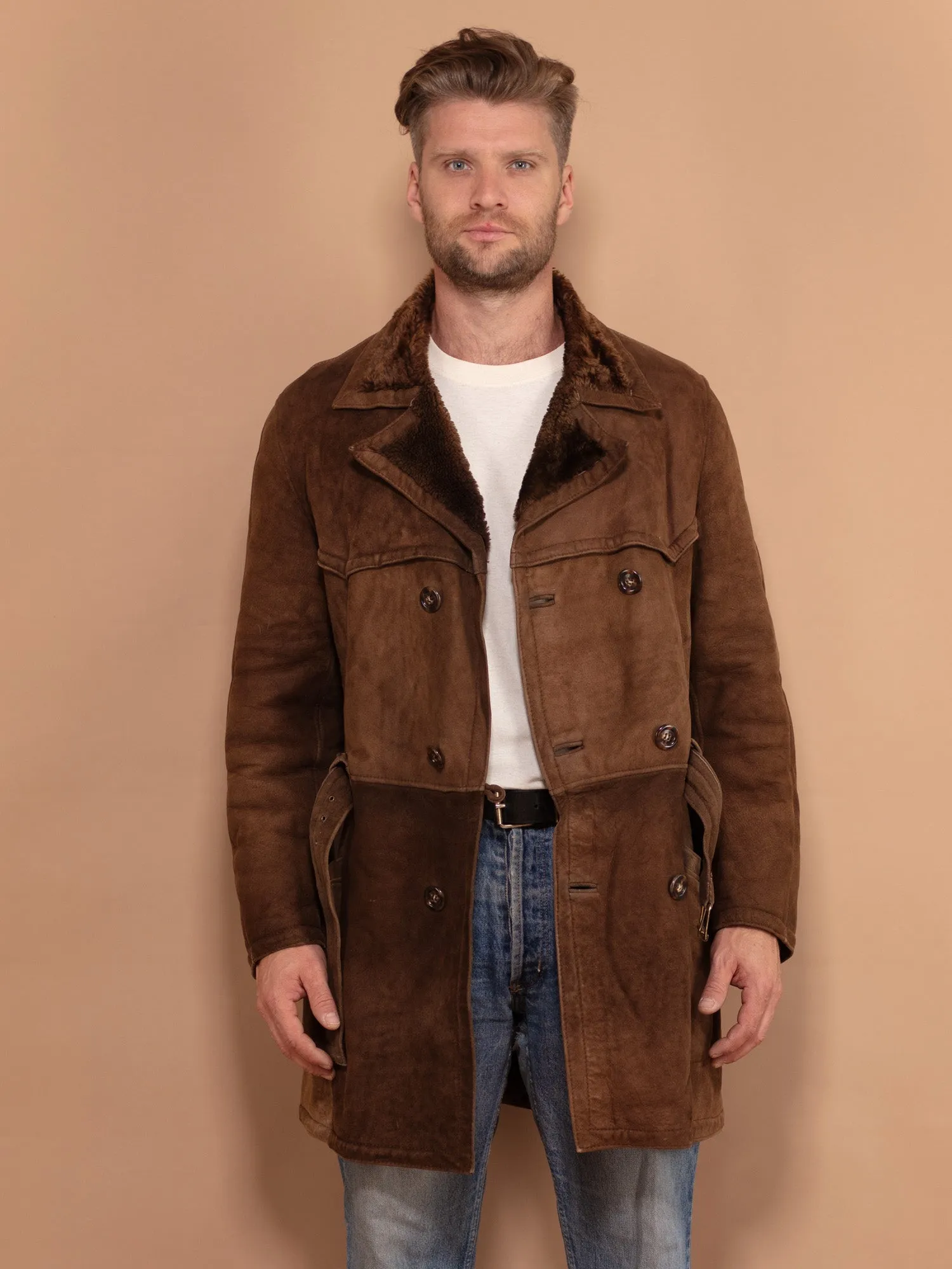 Vintage 70's Men Belted Sheepskin Coat in Brown