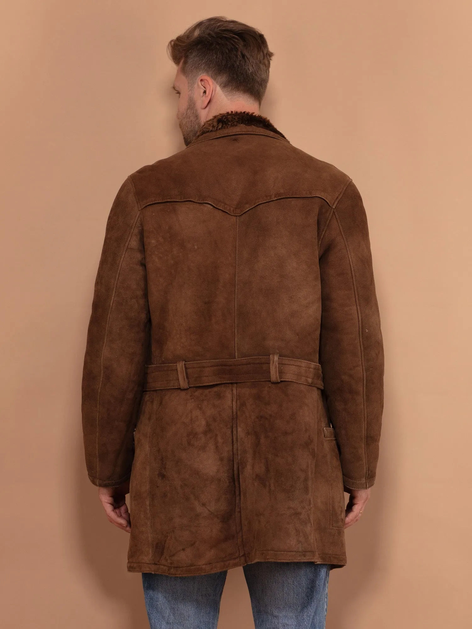 Vintage 70's Men Belted Sheepskin Coat in Brown