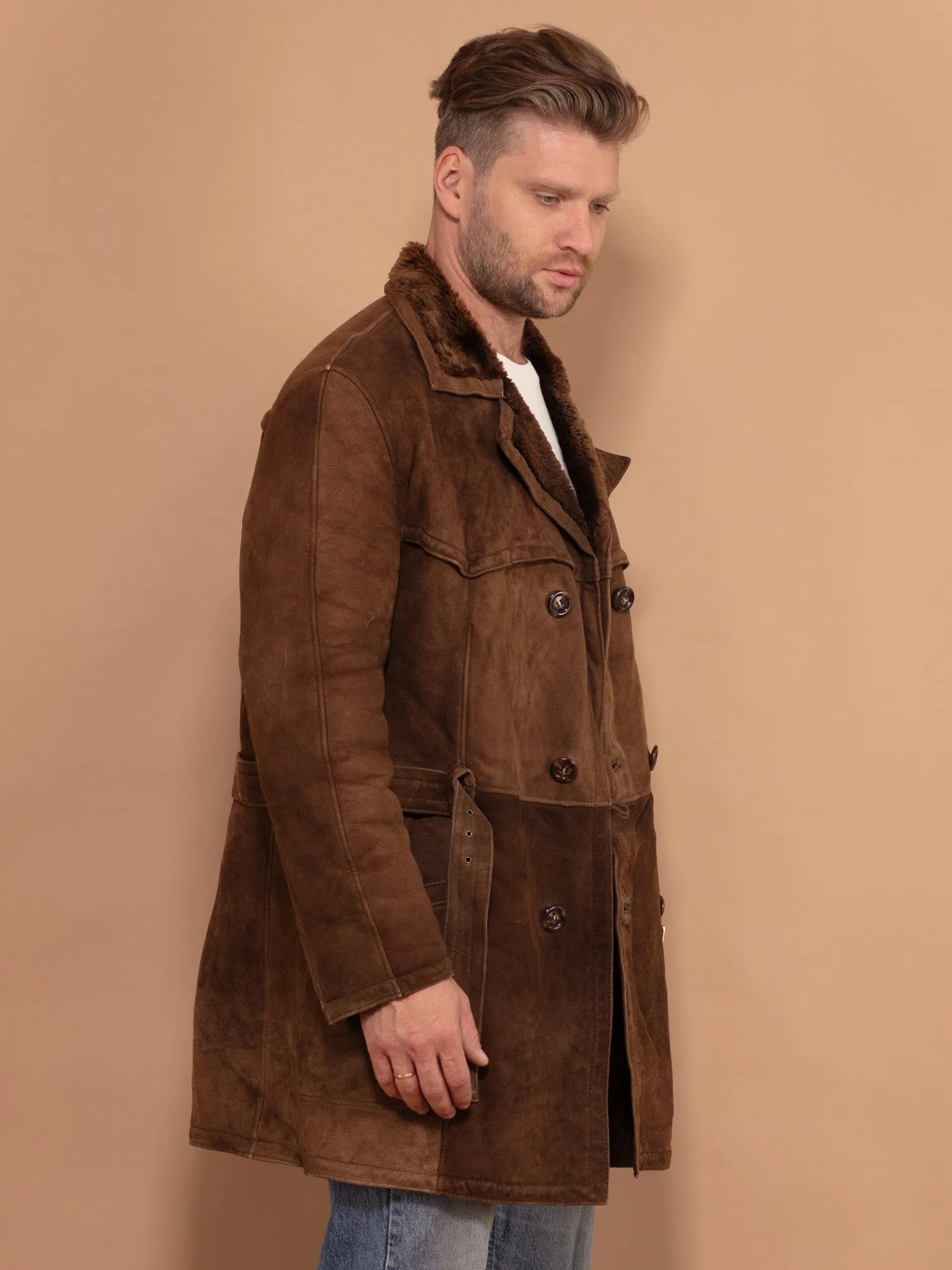 Vintage 70's Men Belted Sheepskin Coat in Brown