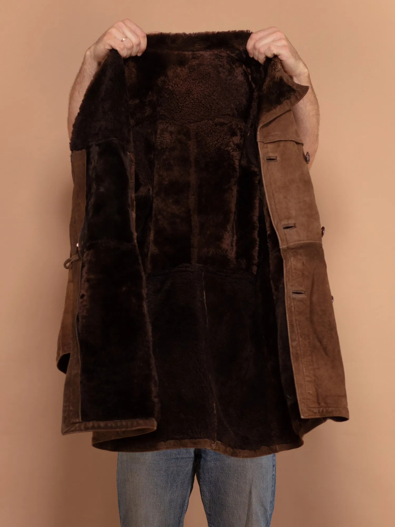 Vintage 70's Men Belted Sheepskin Coat in Brown