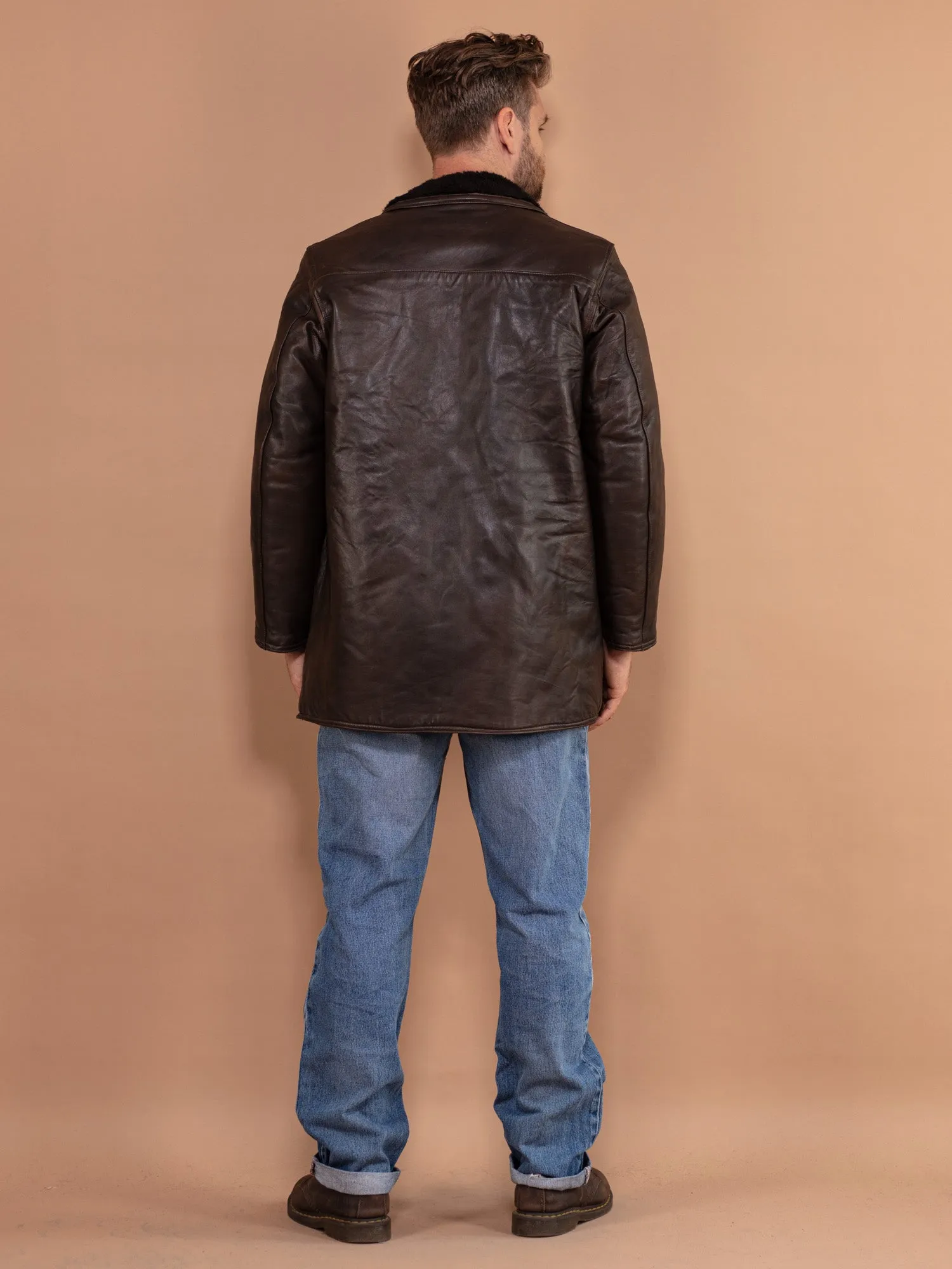 Vintage 70's Men Leather Sherpa Coat in Brown