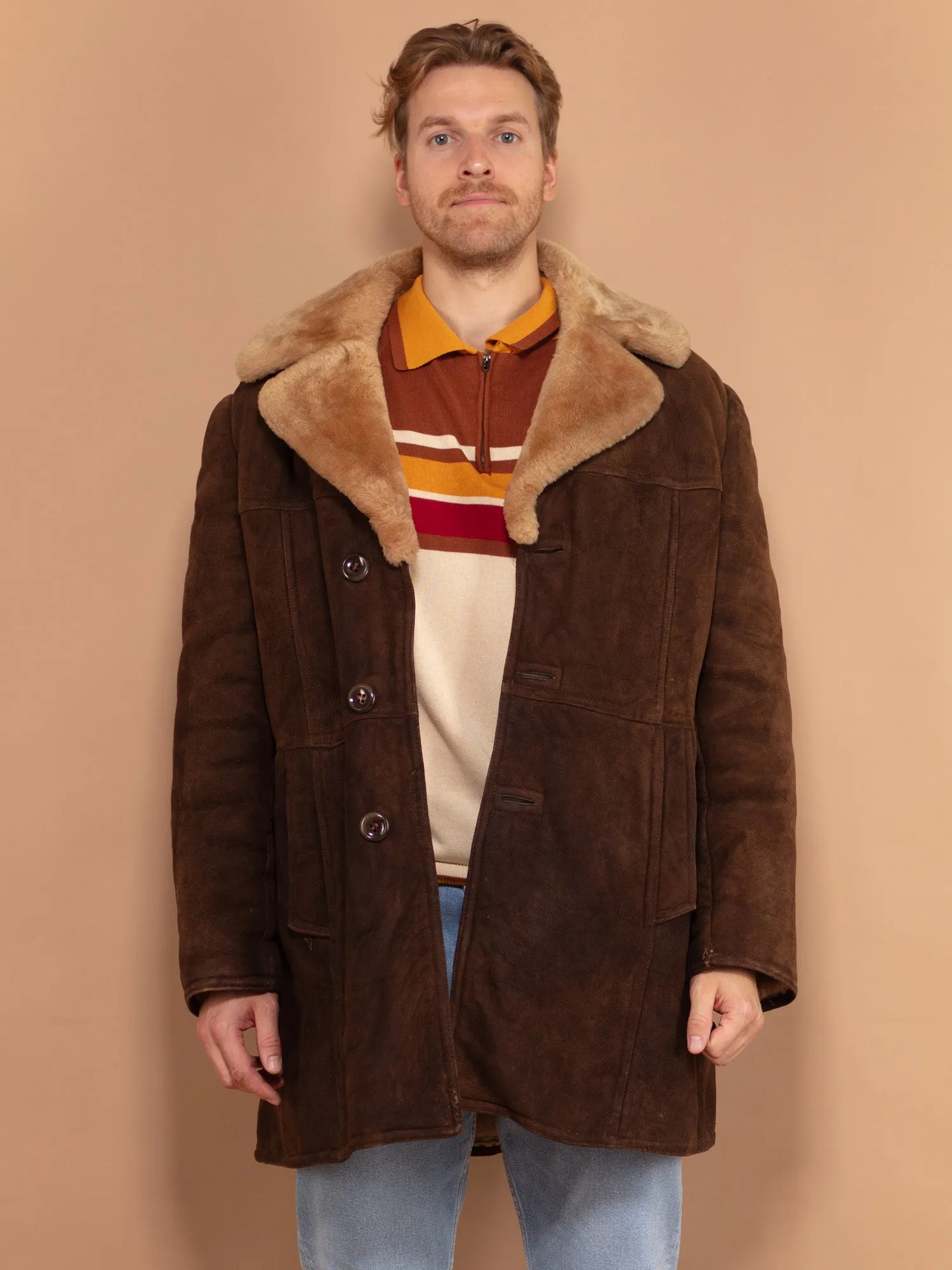 Vintage 70's Men Oversized Sheepskin Coat in Brown