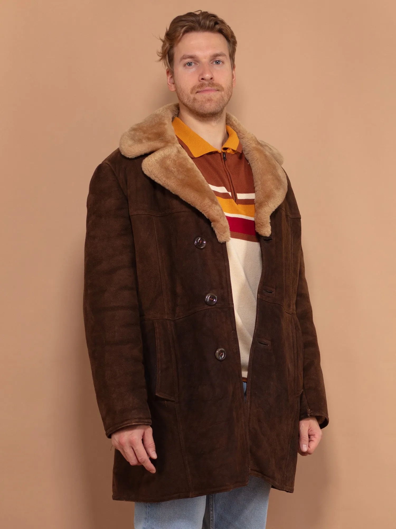 Vintage 70's Men Oversized Sheepskin Coat in Brown