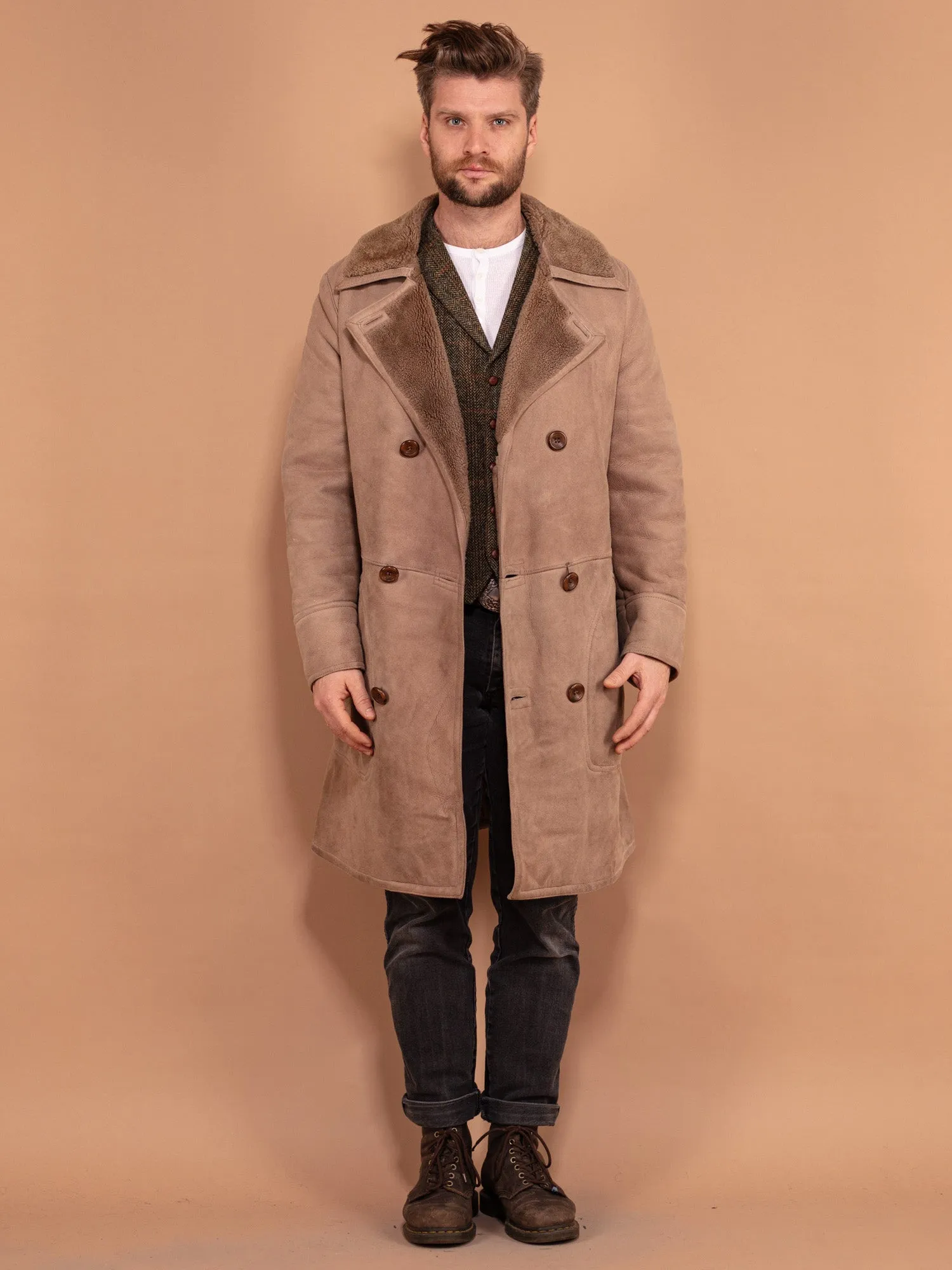 Vintage 70's Men Sheepskin Coat in Beige