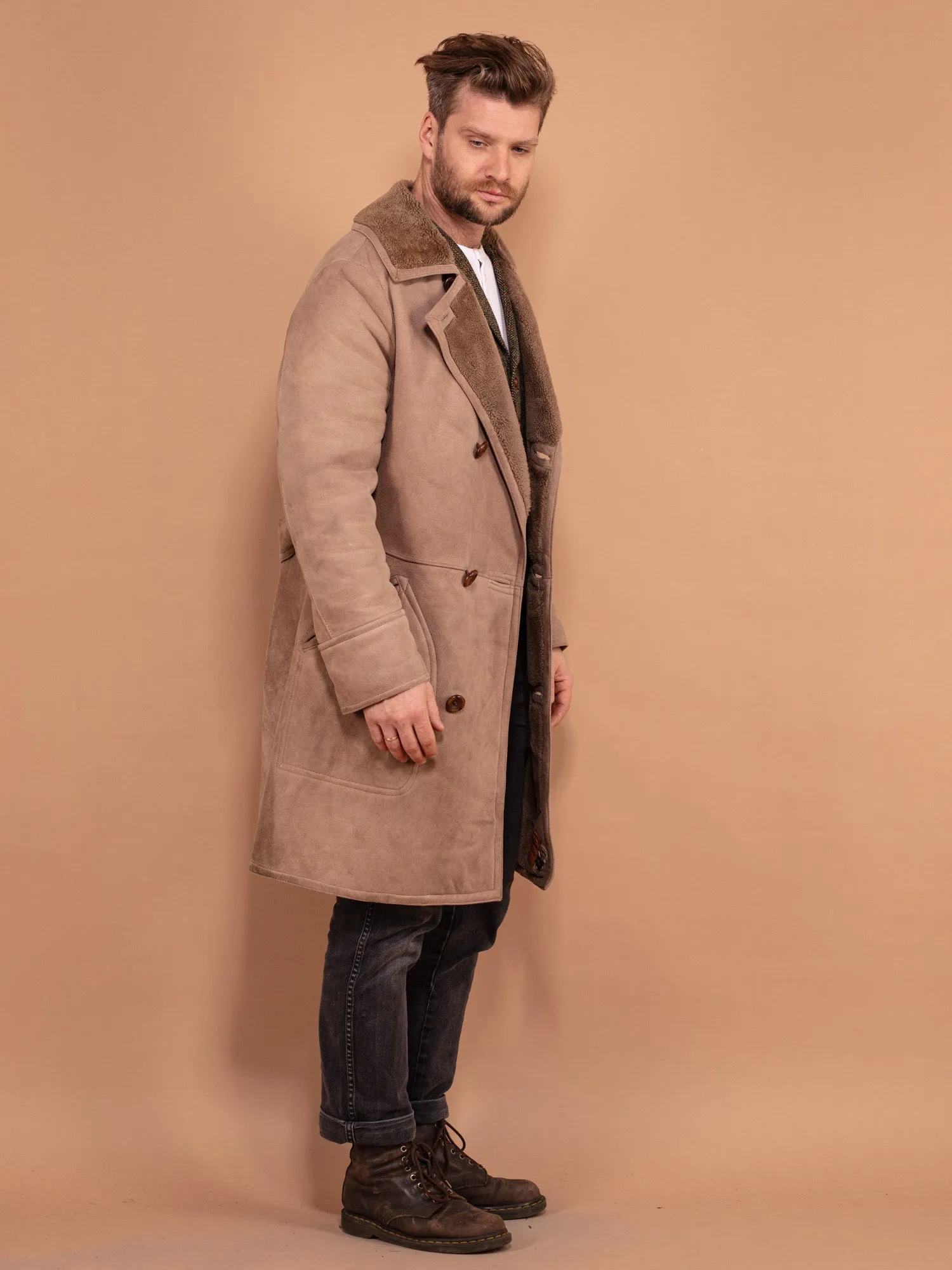 Vintage 70's Men Sheepskin Coat in Beige