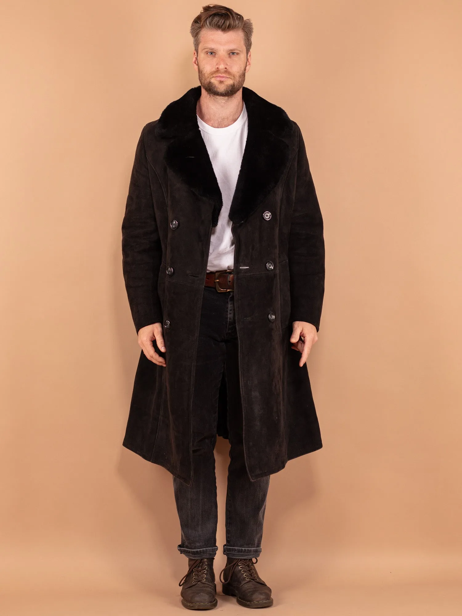 Vintage 70's Men Sheepskin Long Coat in Black