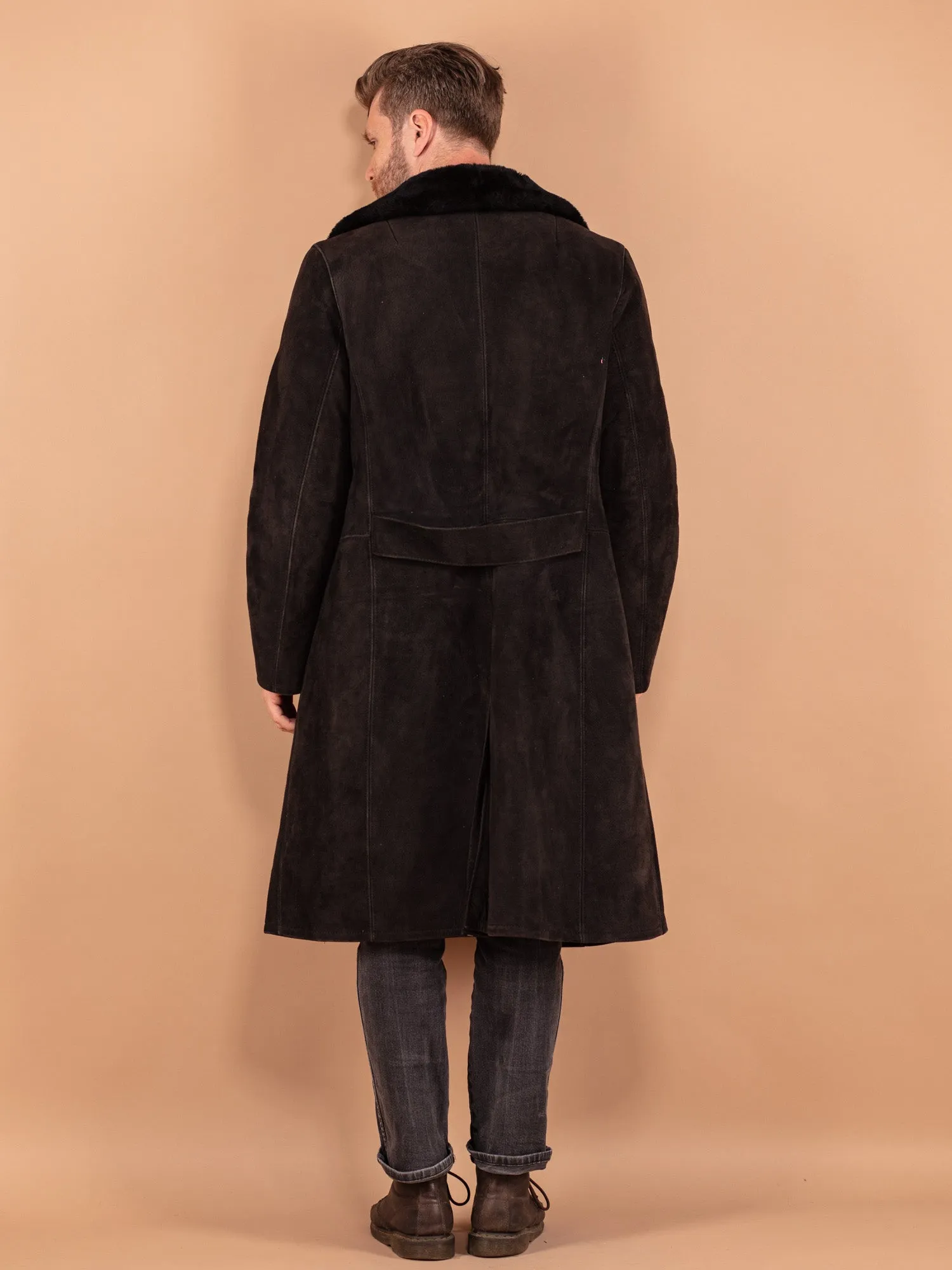 Vintage 70's Men Sheepskin Long Coat in Black