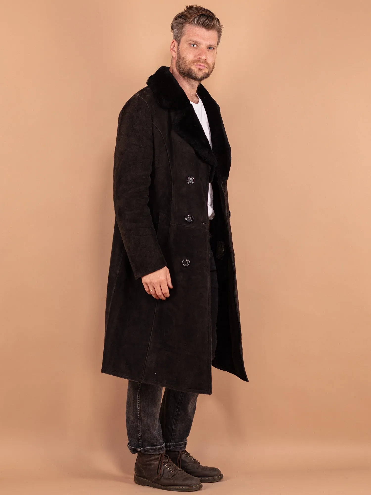 Vintage 70's Men Sheepskin Long Coat in Black