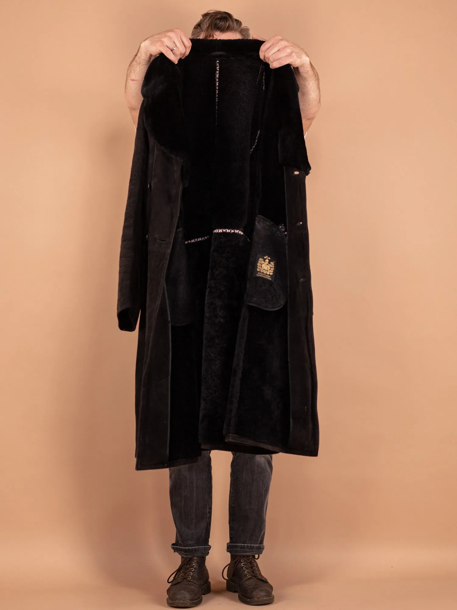 Vintage 70's Men Sheepskin Long Coat in Black